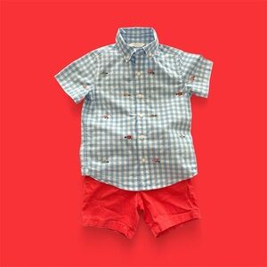 Janie and Jack Fish Checkered Shirt with coral Shorts